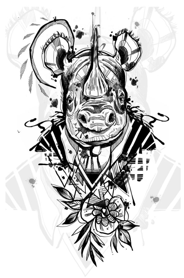 art du croquis en tatouage Rhinocéros